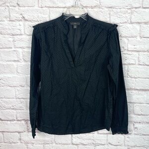 J. Crew Ruffle Trim V-Neck Popover Black Blouse Size XS